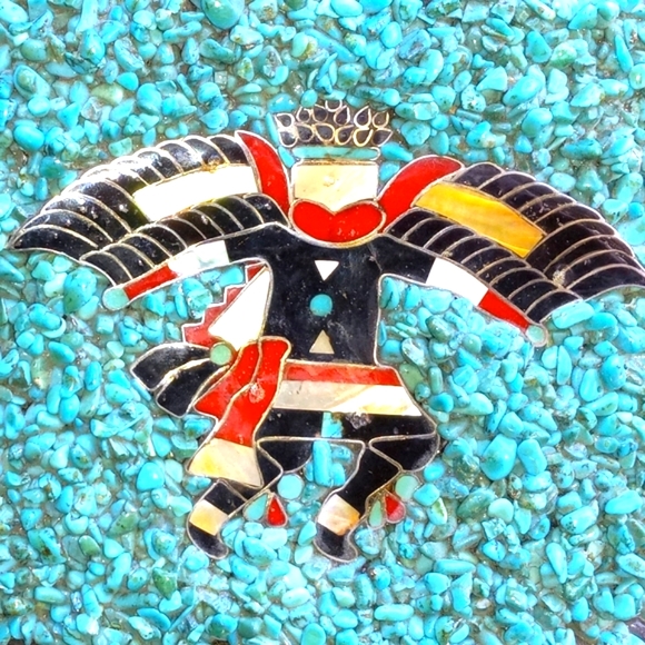 RARE Navajo Begay Knifewing Silver Turquoise ApacheTears Pearl Belt Buckle Art - Picture 5 of 8
